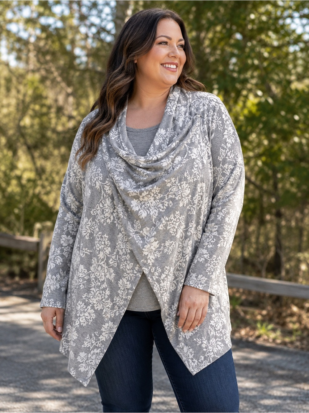 Knox Rose Gray Floral Cowl Neck Draped Sweater